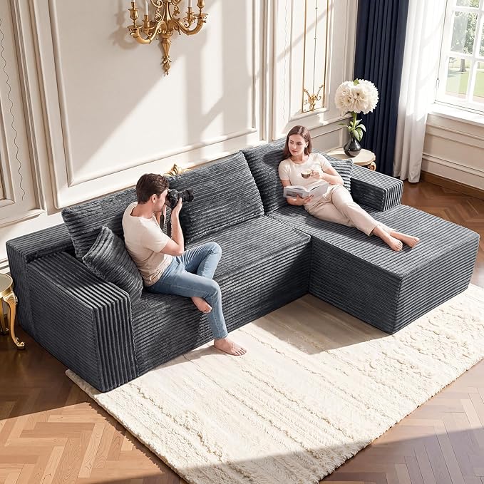 Grey Modular Sectional Couch with 108" L-Shape Chaise, Deep Seat Corduroy Sofa Plush Fabric Cloud-Like Couches for Living Room, No Assembly Modern Minimalist Furniture (Left Facing Chaise)