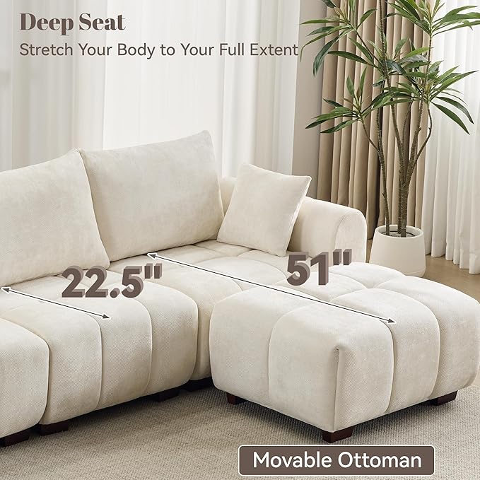 112" Mid Century Modern L Shaped Couch, 3 Seater Modular Sectional Sofa with Movable Ottoman, Deep Seat and Solid Wood Legs, Cloud Couch for Living Room, Chenille Tufted Sofa, Beige
