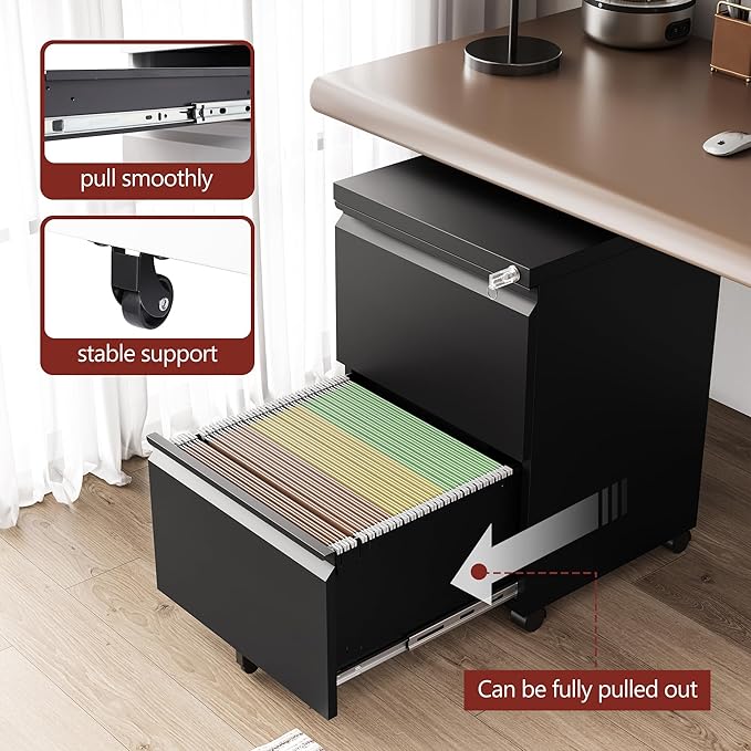 RAVIGIN 2 Drawer File Cabinet，Mobile Filing Cabinet with Lock and Wheels，Un-Assembled Metal Under Desk File Cabinets for A4/Letter/Legal Size（Black
