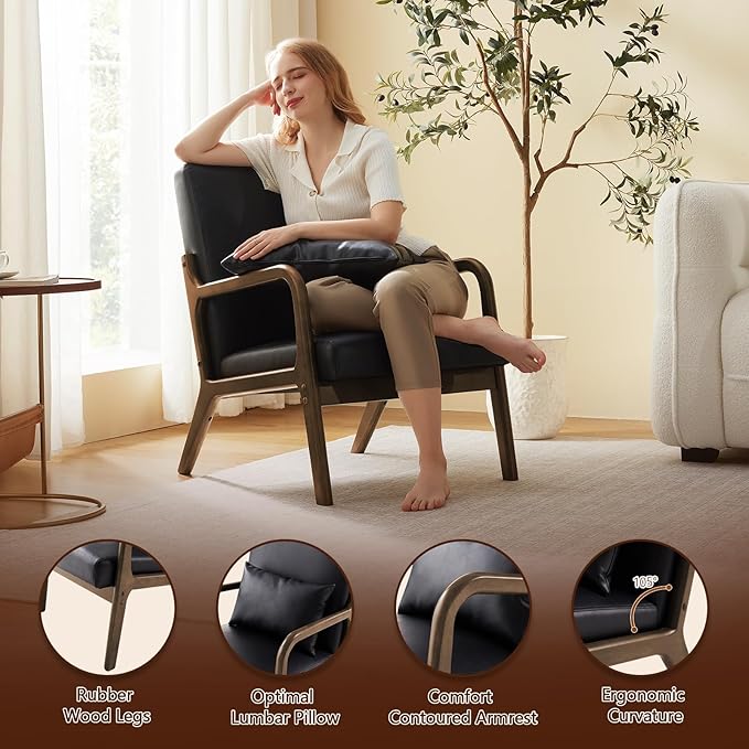 Achicsofar Accent Chair Mid Century Modern Armchair with Lumbar Support Pillow Wood Legs PU Leather Upholstered Lounge Chairs Comfy High Back Cushion for Living Room Bedroom