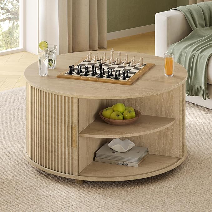 Round Lift Top Coffee Table, 34.6" Modern Coffee Table with 180° Curved Sliding Door, Fluted Accent Coffee Tables with Hidden Storage and Open Shelves, for Living Room, Office, Oak