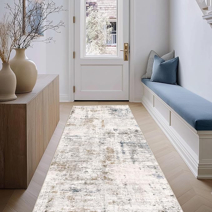 FMFUNCTEX 2x6 Runner Rug Washable Brown Blue Neutral Modern Abstract Entryway Non Slip Low Pile Soft Accent Hallway Indoor Carpet for Kitchen Living Room Bedroom Bathroom Laundry Entrance Bedside