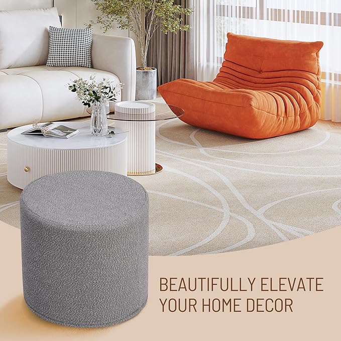 Grey Round Ottoman Foot Rest Stool – Modern Boucle Fabric Footstool with Soft Foam Filling, Lightweight Pouf for Living Room, Bedroom, Home Office – Neutral Grey