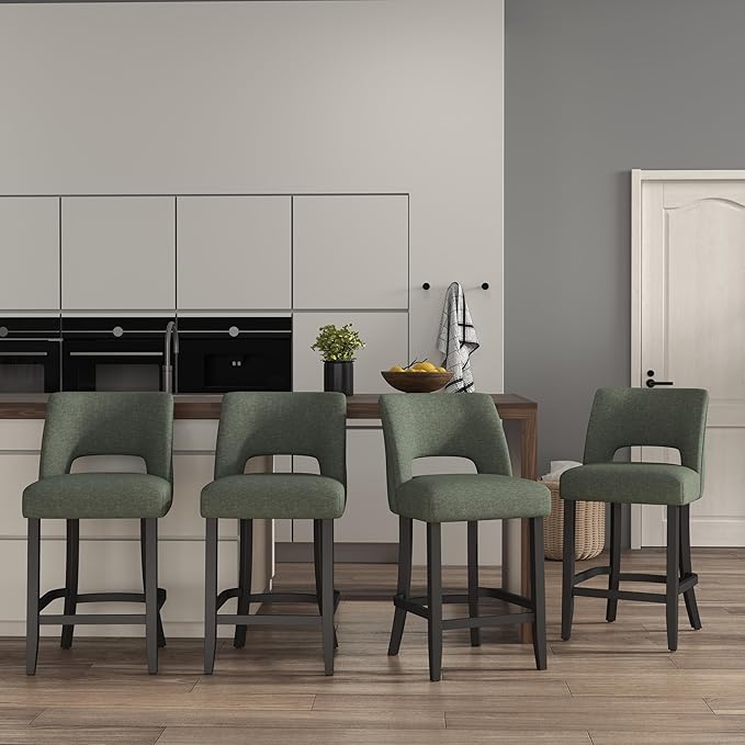 VKNOW Bar Stools Set of 4, 26" Upholstered Counter Height Bar Stools, Modern Counter Stools with Black Legs for Kitchen Island Dining Room Bar, Green-Black Legs