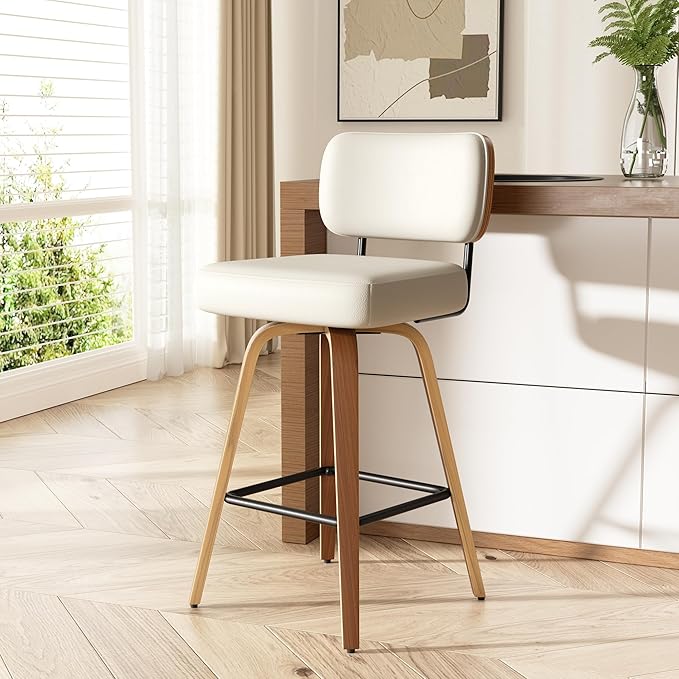 Swivel Bar Stools Set of 1, 26" Upholstered Faux Leather Counter Height Barstools with Walnut Back & Bentwood Legs, Mid Century Modern Bar Chairs Island Stools for Kitchen Counter, Cream White