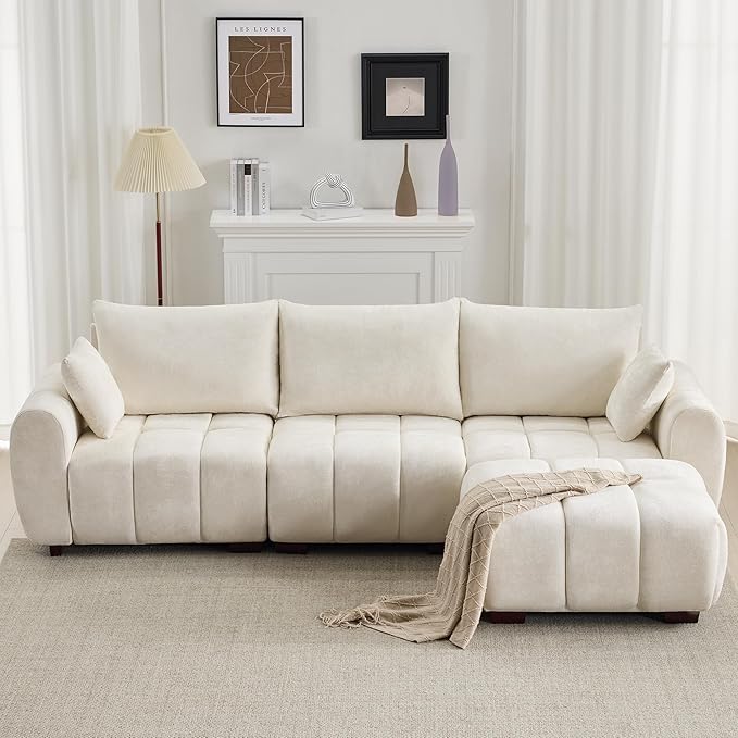 112" Mid Century Modern L Shaped Couch, 3 Seater Modular Sectional Sofa with Movable Ottoman, Deep Seat and Solid Wood Legs, Cloud Couch for Living Room, Chenille Tufted Sofa, Beige