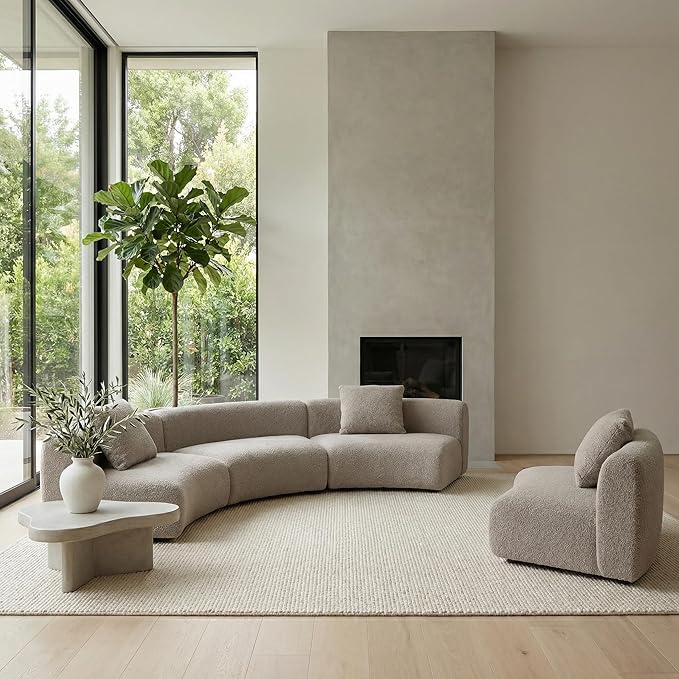 Acanva Modern Curved Sectional Living Room Couch, Minimalist Comfy Boucle Fabric Modular Sofa for Apartment, Home Office, Armless Chair, Light Coffee | Boucle Fabric, Modular, Minimalist, Comfy