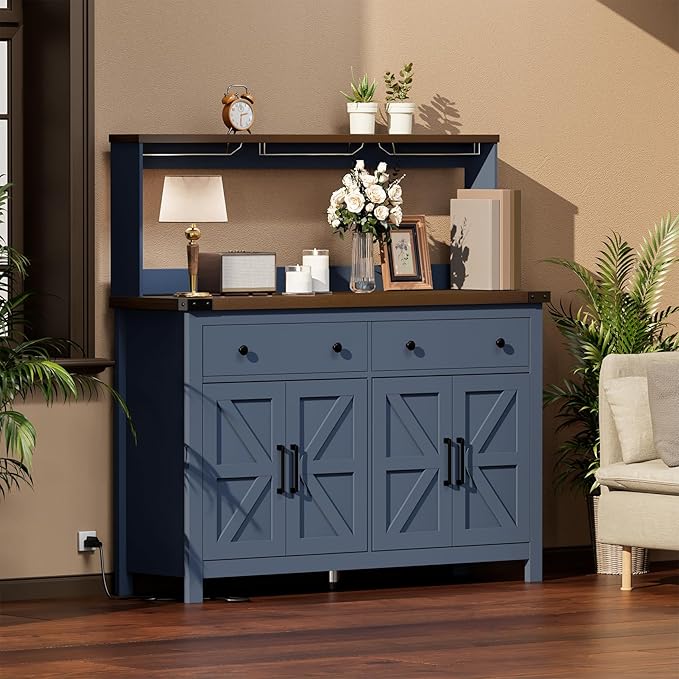 VVFLU Hutch Storage Buffet Cabinet with Drawers, and Charging Station, Coffee Bar Cabinet with Barn Doors, Wine Rack and Hooks, Blue Wood Sideboard Buffet for Kitchen, Dining Room, 54.1" High