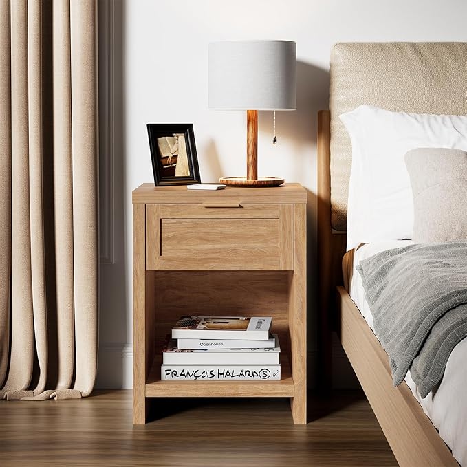 Walsham Natural Nightstands Set 2, Boho Bed Side Table for Living Room, Minimalist Night Stand with Drawer and Storage Shelf - Farmhouse End Tables for Bedroom (Weathered Oak, 2 Set)