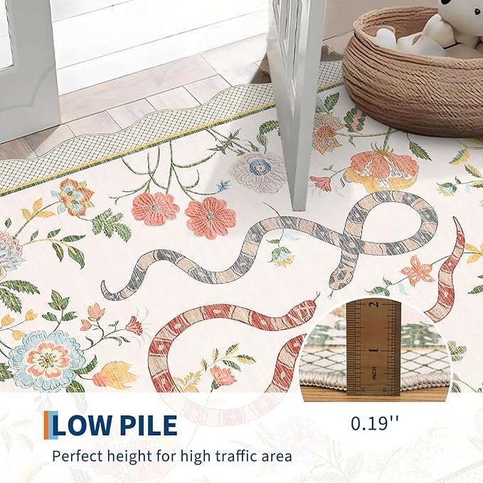 Garvee Washable 9x12 Area Rugs for Living Room Non Slip Botanical Snake Rugs for Bedroom, Boho Scalloped Indoor Stain-Resistant Dining Room Rug for Under Table Home Office Playroom Farmhouse,Beige