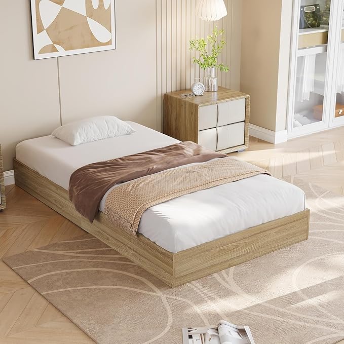 Twin Size Solid Wood Platform Bed with Sturdy Wooden Slats, Floor-Standing Bed Frame, Modern Minimalist Design Space-Saving Bed Frame, No Box Spring Needed, Space Saver, Easy Assembly, Golden Tan Wood