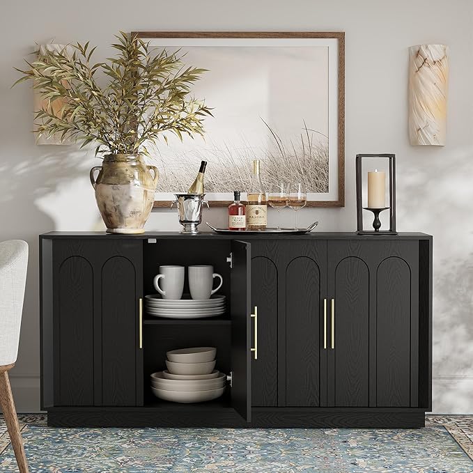 FORTUNETEC Sideboard Buffet Cabinet with Storage, Modern Accent Cabinet with Arched Doors, 67" Large Modular Media Console, Minimalist Credenza for Living Room Kitchen Dining Room Entryway, Black