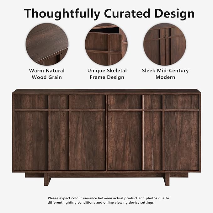 Sideboard Buffet Cabinet with Storage, Mid Century Modern Accent Cabinet with Skeleton Line & Wood Grain Texture, 63" Minimalist Credenza for Living Room Kitchen Dining Room Entryway, Walnut