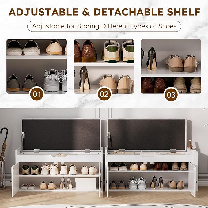 39.4" Storage Bench - Entryway Shoe Bench with Side Storage Shelves and 2 Doors, Multifunctional Entryway Bench with Lift Top Cushion, Shoe Storage Bench for Bedroom, Living Room, White