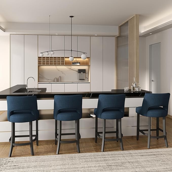 VKNOW Bar Stools Set of 4, Modern Counter Height Bar Stools, 26" Upholstered Counter Stools with Black Wood Legs for Kitchen Island Dining Room Bar, Blue-Black Legs