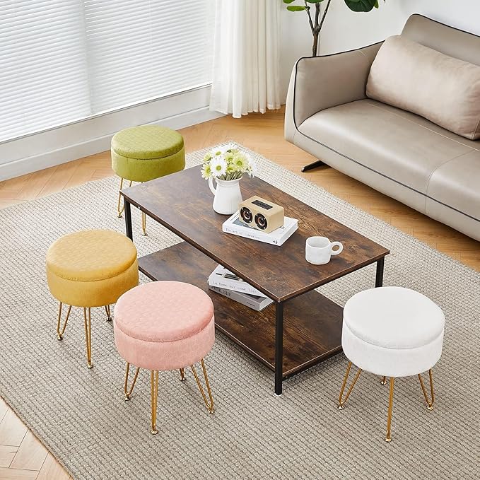 Cpintltr Modern Velvet Foot Rest Stool Upholstered Round Storage Ottomans Multipurpose Dressing Stools Luxury Home Decor Ottoman Coffee Table Top Cover Footstool with Metal Legs for Couch Black