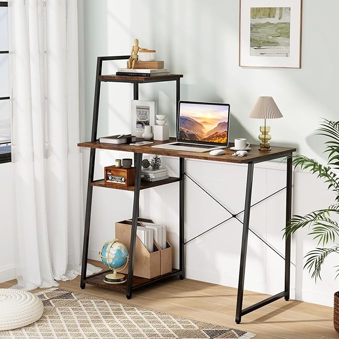 Tangkula Computer Desk with Shelves, Space Saving Home Office Desk with 3-Tier Ladder Shaped Storage Bookshelf, Modern Writing Study Desk with Metal Frame, Compact Computer Workstation (Rustic Brown)