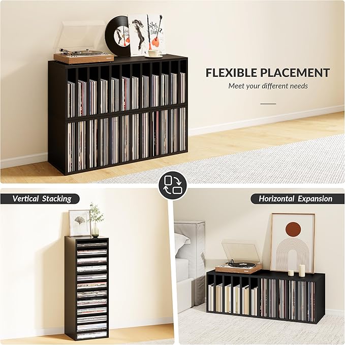 IOTXY DIY Modular Cube Bookcase - CubeXY Customizable Stackable Expandable Basic Shelving Units, 12-Cube Wooden Open Bookshelf with Removable Shelves for 10-inch Vinyl Record Storage Organizer, Black