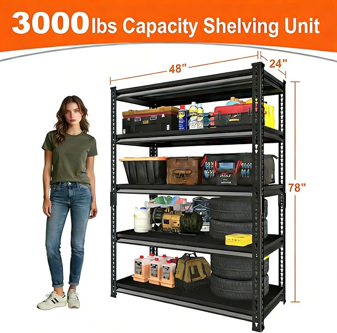 Metal Garage Shelving for Storage - 48'' W 3,000 Lbs Heavy Duty 5 Tier Utility Shelves Freestanding - Adjustable Rack Units for Basement Pantry Kitchen - 48" W x 24" D x 78" H Black
