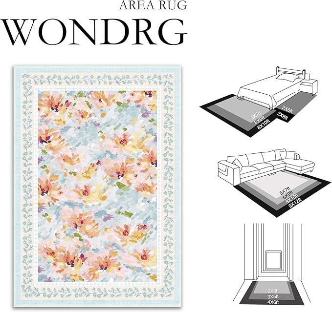 2x5 Washable Runner Rug Blue Floral Abstract Hallway Kitchen Throw Rug Modern Non Slip Soft Low Pile Carpet for Bathroom Laundry Bedroom Living Room