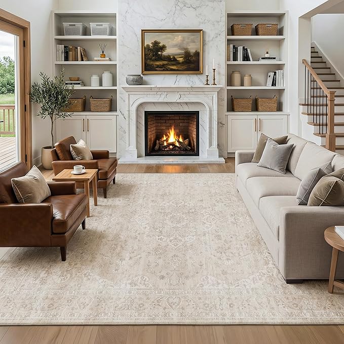 FMFUNCTEX 6x9 Washable Area Rug Neutral Beige Vintage Distressed Oriental Non Slip Low Pile Floral Rug for Living Room Bedroom Cream Traditional Soft Thin Retro Indoor Carpet for Dining Room Office