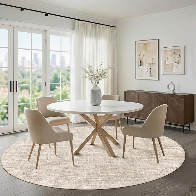 8ft Round Rug Living Room: 8x8 Washable Large Neutral Beige Circle Area Rug Abstract Soft Modern Stain Resistant Indoor Floor Non-Slip Carpet for Bedroom Nursery Kids Office Playroom Dining Room