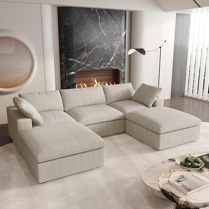 Cloud Couch 120" Sectional Couches for Living Room/Modular Convertible U Shaped Sofa Couch with 2 Storage Ottomans,5 Seater Minimalist Wide Deep Seat Sets (Khaki, 5 Seater)