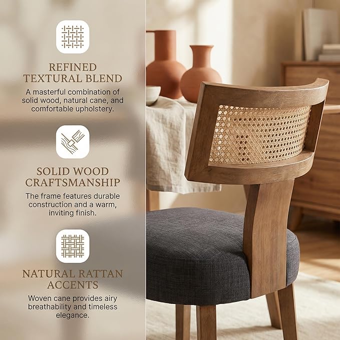 HNY Mid Century Modern Rattan Dining Chairs Set of 6, Farmhouse Linen Upholstered Accent Chair Curved Backrest Kitchen Chairs, with Hardwood Frame, Charcoal