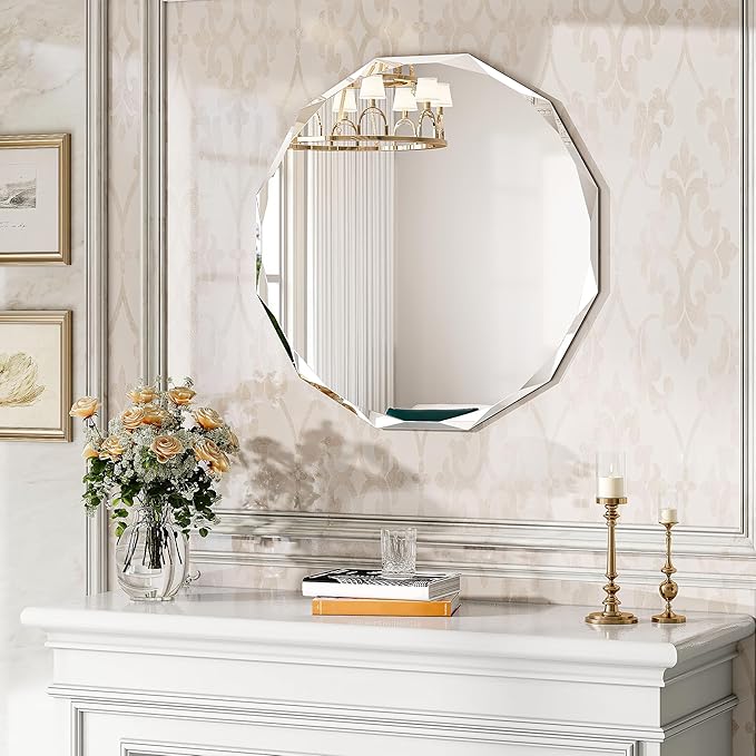 24 Inch Faceted Round Mirror for Wall Decor, Diamond-Cut Beveled Circle Vanity Mirror, Solid Backed Sparkle Frameless Mirror for Powder Room & Entryway, Art Deco Style
