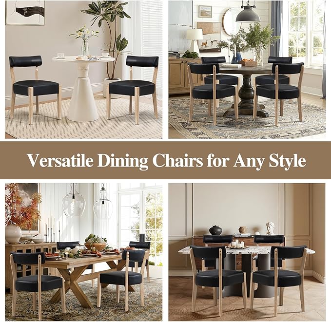 ZJhome Modern Dining Chairs Set of 6 – Mid-Century Modern Faux Leather Upholstered Kitchen & Dining Room Chairs with Curved Back, Oversized Rounded Seat, Sturdy Wood Frame, Black
