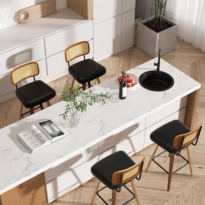 Swivel Bar Stools Set of 1, 26" Upholstered Faux Leather Counter Height Barstools with Rattan Back & Bentwood Legs, Mid Century Modern Bar Chairs Island Stools for Kitchen Counter, Black