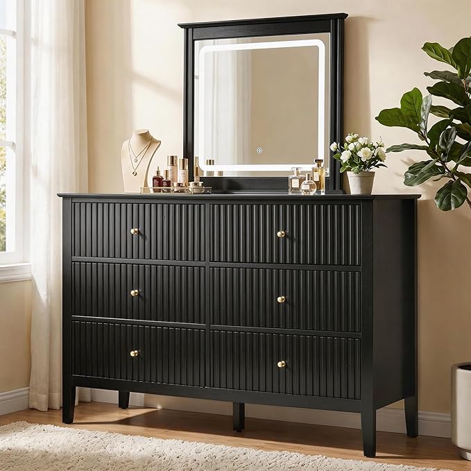 RoyalCraft Black Vanity Desk with Lighted Mirror, Fluted Makeup Vanity Table with 3 Lighting Modes, Modern Wood Dressing Table with 6 Drawers for Bedroom