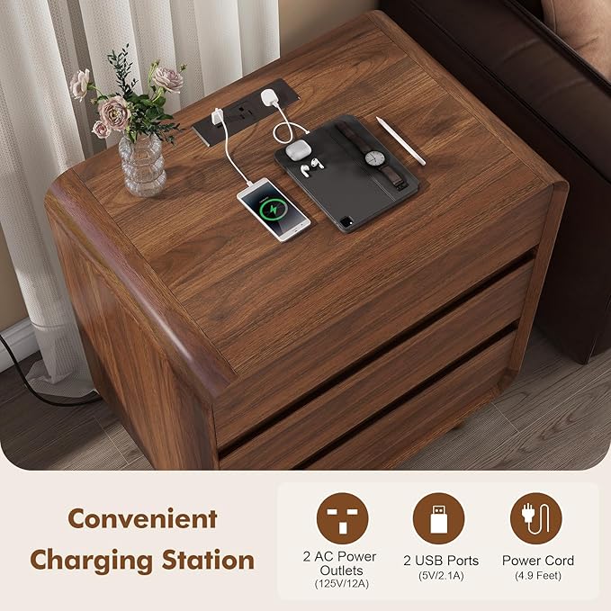 Nasonet 27.7'' Tall Night Stands Set 2 with Chaing Station, Mid-Century Modern Large Bedside Table with Outlets, Wide Wood End Table for Bedroom, Walnut