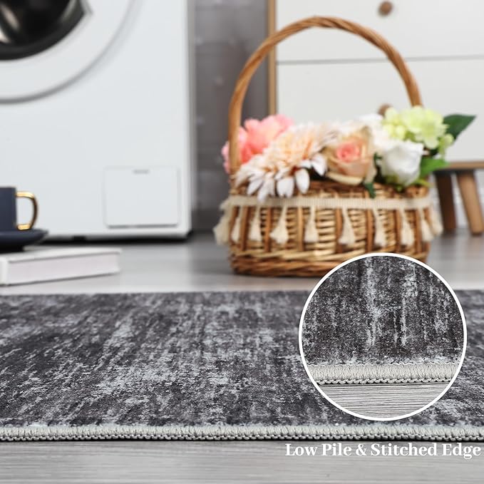 RUGSREAL 2x6 Runner Rug Washable Kitchen Runner Rug Modern Abstract Runner Mat for Hallway Contemporary Solid Rug Non-Slip Foldable Aesthetic Accent Floor Carpet for Living Room Bedroom, Dark Grey