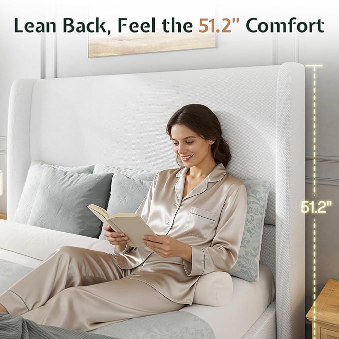 Jocisland Full Size Bed Frame 51.2" Wingback Headboard Linen Upholstered Platform Bed with Solid Wood Legs & Wooden Slats, No Box Spring Needed, Modern Minimalist Style, Easy Assembly, White