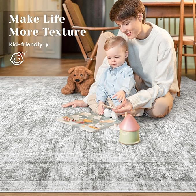 6x9 Area Rugs for Living Room: Washable Vintage Floral Rug Low Pile Non-Slip Boho Carpet for Bedroom Nursery Dining Room (Grey, 6'x9')
