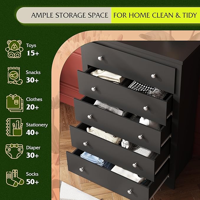 WLIVE Wooden Dresser with 5 Drawers, 45" Tall Black Dresser for Bedroom, Chest of Drawers, Storage Cabinet and Organizer Drawers for Living Room, Hallway, Closet
