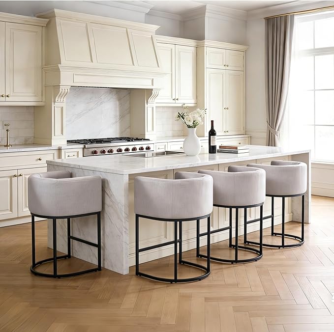 ClinQ 26" H Counter Height Bar Stools Set of 2, Modern Barrel Counter Stools with Backrest and Arms, Black Metal Frames, Linen Fabric Upholstered Accent Barstools for Kitchen Island, Light Grey