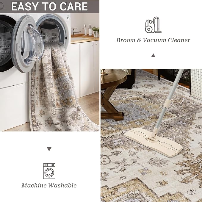 befbee 8x10 Area Rugs for Living Room, Stain Resistant Neutral Washable Rugs for Dining Rooms, Floral Vintage Non-Slip Thin Large Size Area Rug(Brown)