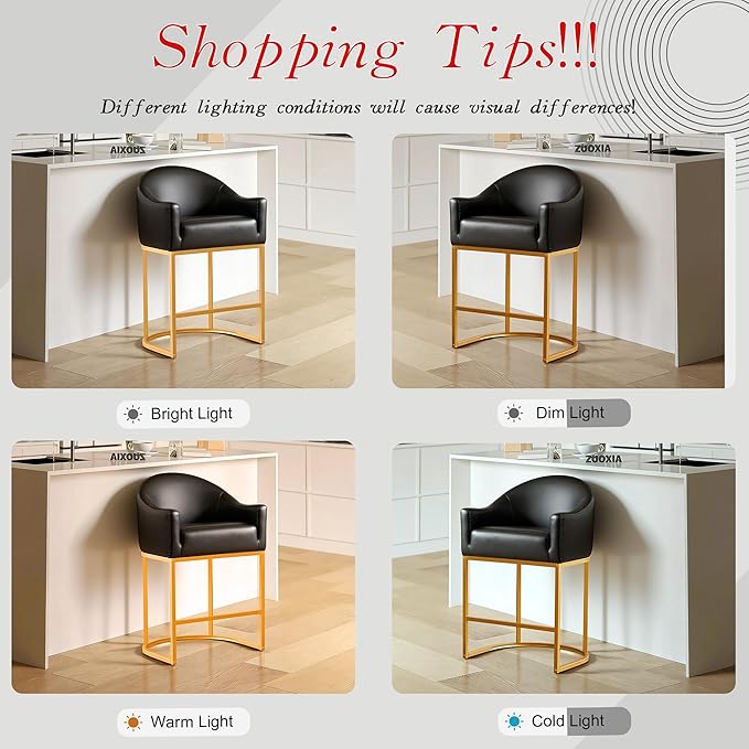 Counter Height Bar Stools Set of 3,Modern Counter Height Bar Stools,PU Leather Upholstered Barrel Barstools with Backs,26'' Kitchen Island Chairs,Metal Gold Frames,Ink Black Leather