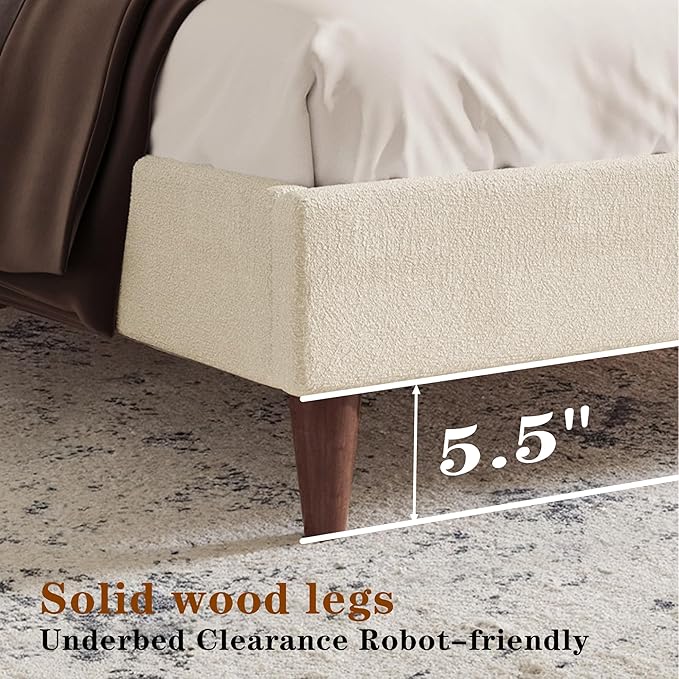 Upholstered Bed Frame King Size, 43" Tall Headboard Wingback Upholstered Platform Beds Bedframe for Kids Teens Adults Bedroom Strong Wood Slats Support No Box Spring Needed, Ivory Boucle