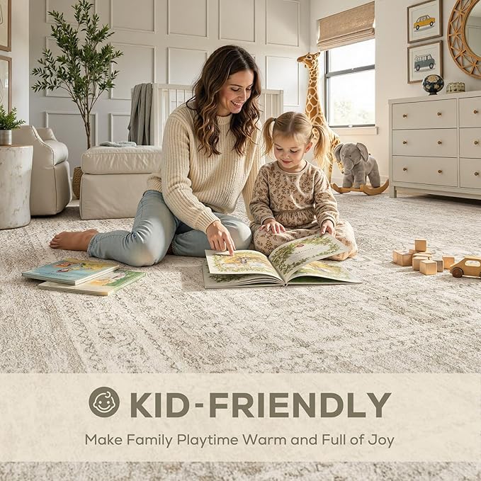 Nakagishi 10x14 Area Rugs Living Room: Washable Large Vintage Rug Neutral Non-Slip Soft Stain Resistant Indoor Carpet for Bedroom Nursery Dining Room Office Playroom - Beige Gray