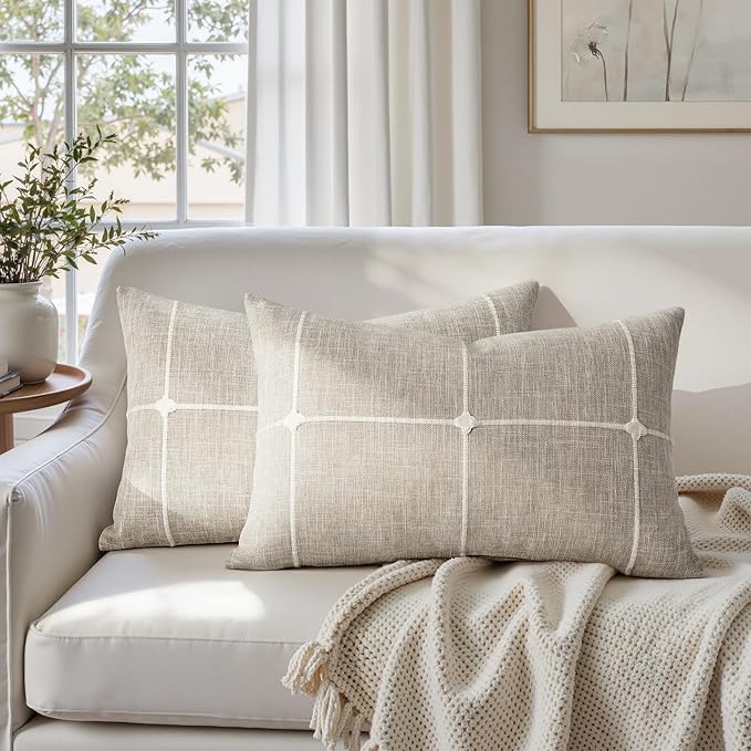 HOMEIDEAS Decorative Plaid Throw Pillow Covers 20x12 Set of 2, Tan Farmhouse Pillow Covers, Neutral Faux Linen Cushion Covers for Couch Sofa Bed Home Decor