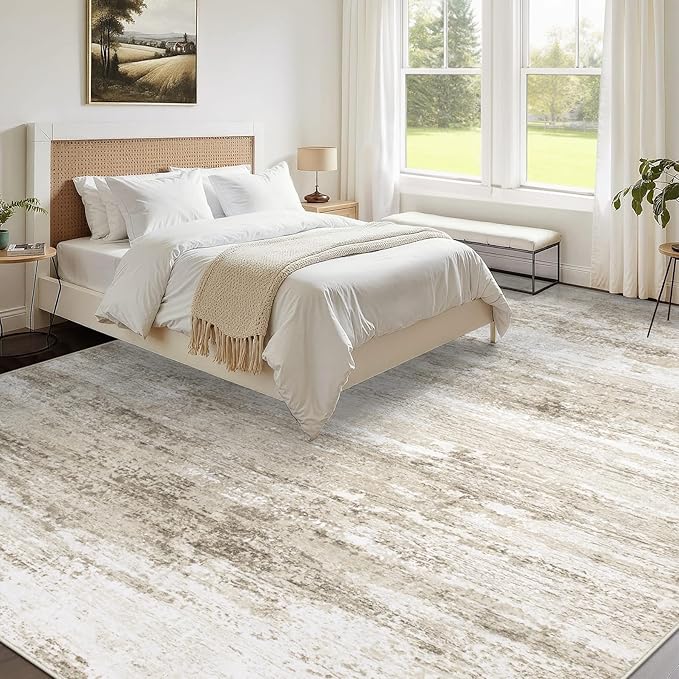 Washable Rug 10x14 Area Rugs for Living Room: Large Neutral Soft Rug Abstract Non Slip Low Pile Modern Carpet for Bedroom Kitchen Nursery Office Dining Room Indoor (Beige, 10'x14')