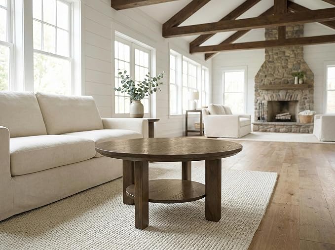 Furnifact Brown Round Coffee Table with Durable Wood Top, Leveler Glides, 200 lbs Capacity, Transitional Style, Sturdy Construction, Includes 1 Table