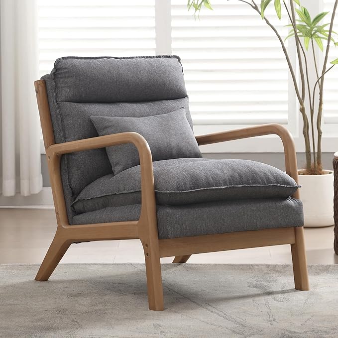 INZOY Mid Century Modern Accent Chair with Wood Frame, Upholstered Reading Armchair with Waist Cushion, Double Padded Accent Chair, Side Chair for Living Room Bedroom Office, Easy Assembly, Grey