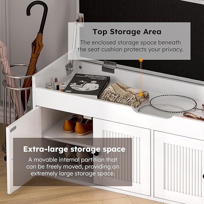 47.2" Storage Bench - Entryway Shoe Bench with 4 Doors and Top Storage Area, Multifunctional Entryway Bench with Lift Top Cushion, Shoe Storage Bench for Bedroom, Living Room, White