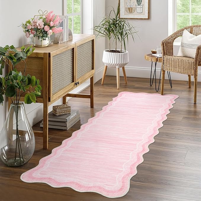 Garvee Washable Runner Rug 2x6 Scalloped Rugs for Bathroom Modern Kitchen Hallway Rugs Stain-Resistant Non-Slip Solid Rug Soft Scalloped Entryway Carpet Runner for Bathroom Laundry Bedside(Pink,2x6ft)