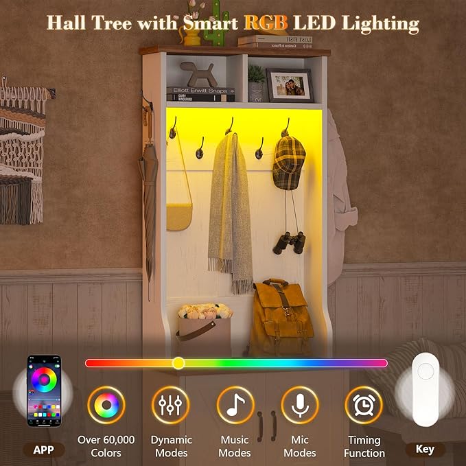 CSZZD Hall Tree with Bench and Shoe Storage, Entryway Bench with Coat Racks and Led Lights, Farmhouse Small Hall Tree with Shoe Cabinet, 7 Coat Hooks, 6 Storage Cubbies, Adjustable Shelf