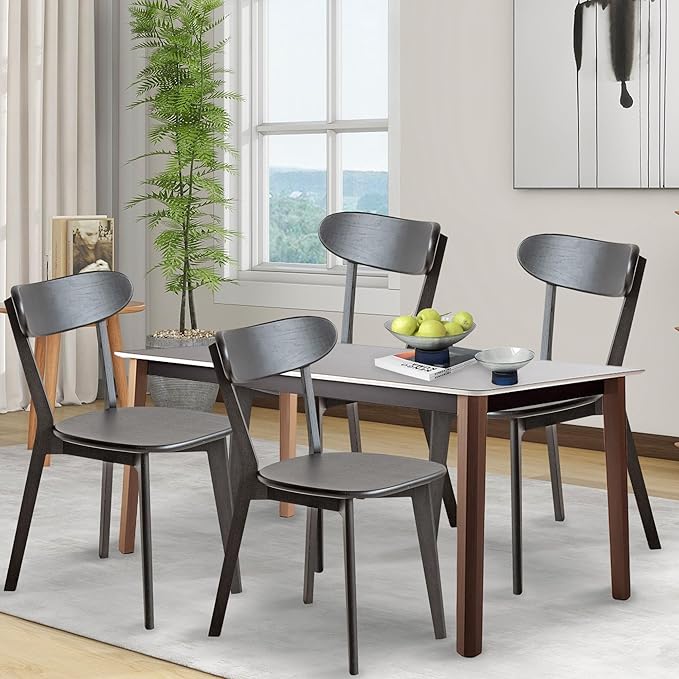 Modern Dining Chairs Set of 4, Solid Oak Wood Dining Chair with Comfortable Backrest, Sturdy Wooden Chairs for Kitchen, Dining Room, Black
